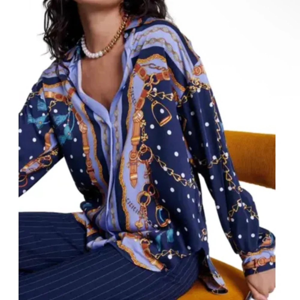 Maje Cechaine Satin Effect Button Up Blue Rope Chain Printed Blouse NEW US 6 - Picture 4 of 11